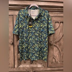 NWT Men’s UNDER ARMOUR Blue and Yellow Abstract Playoff Polo Shirt (Large)